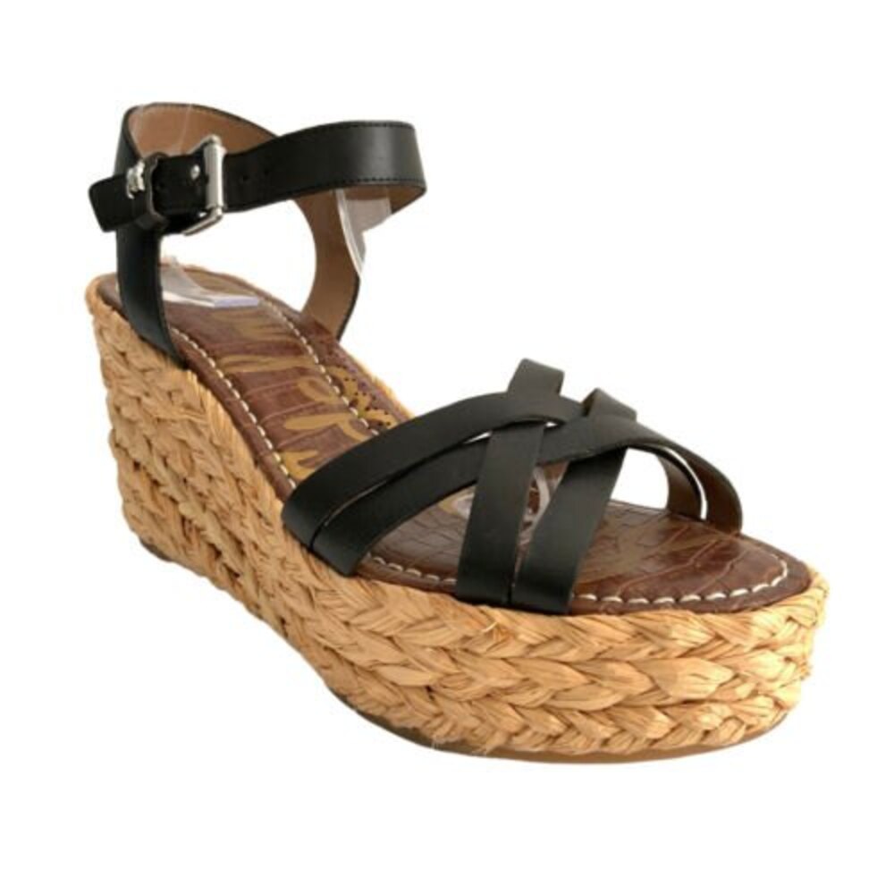 Sam Edelman Darline Leather Platform Jute Wedge Sandals Black 10